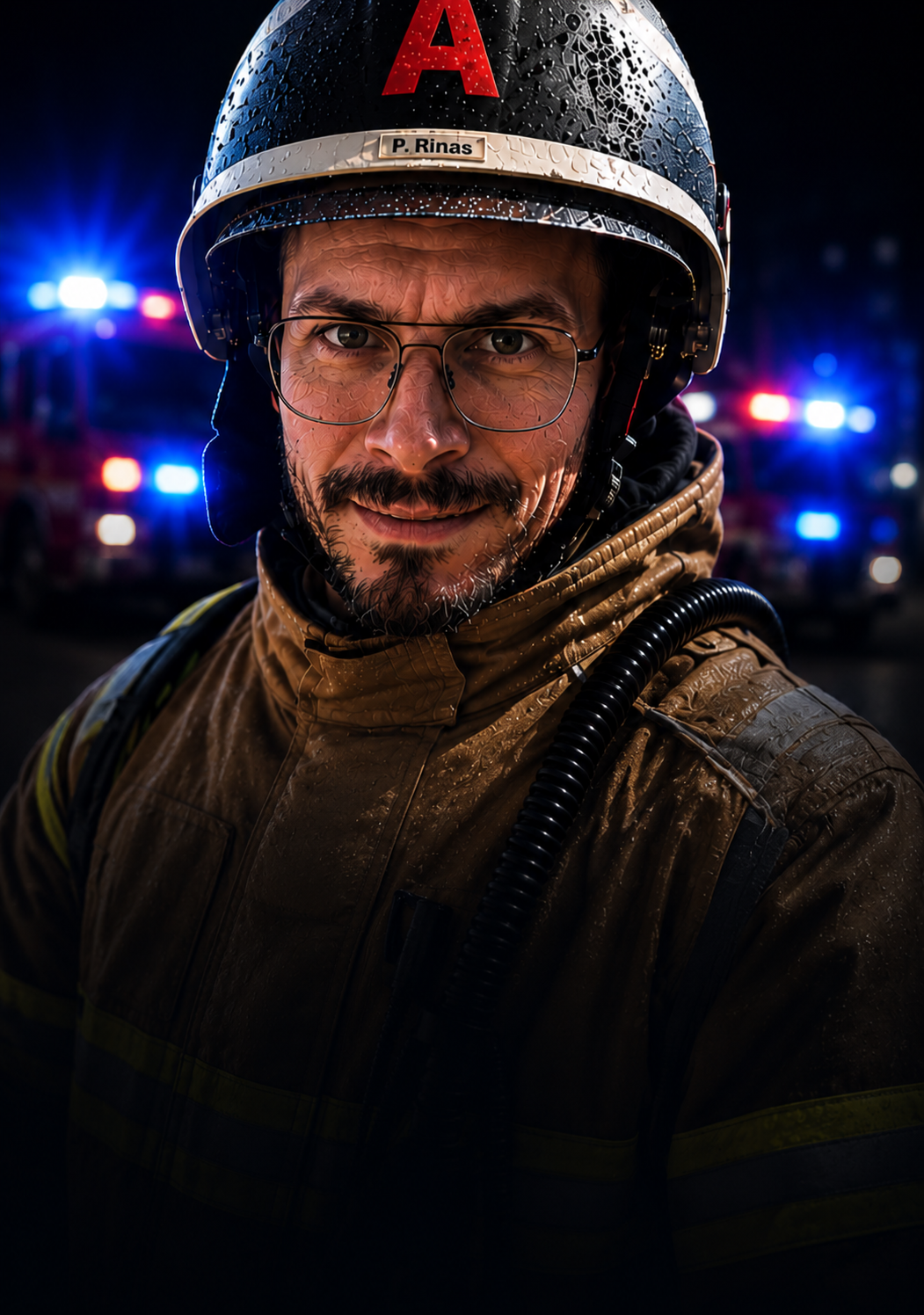 Philipp Rinas in Feuerwehrkleidung mit Blaulicht im Hintergrund